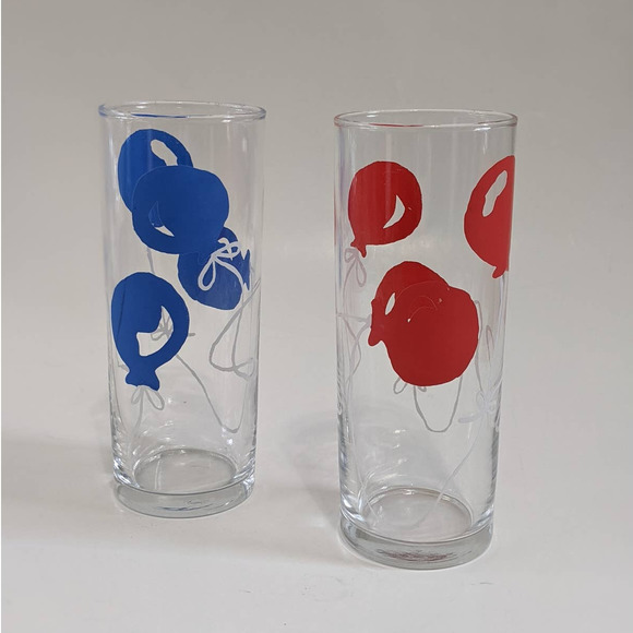 Vintage Libbey Red & Blue Balloon Glasses, Set of 2 Whimsical Barware Highball - Picture 10 of 10